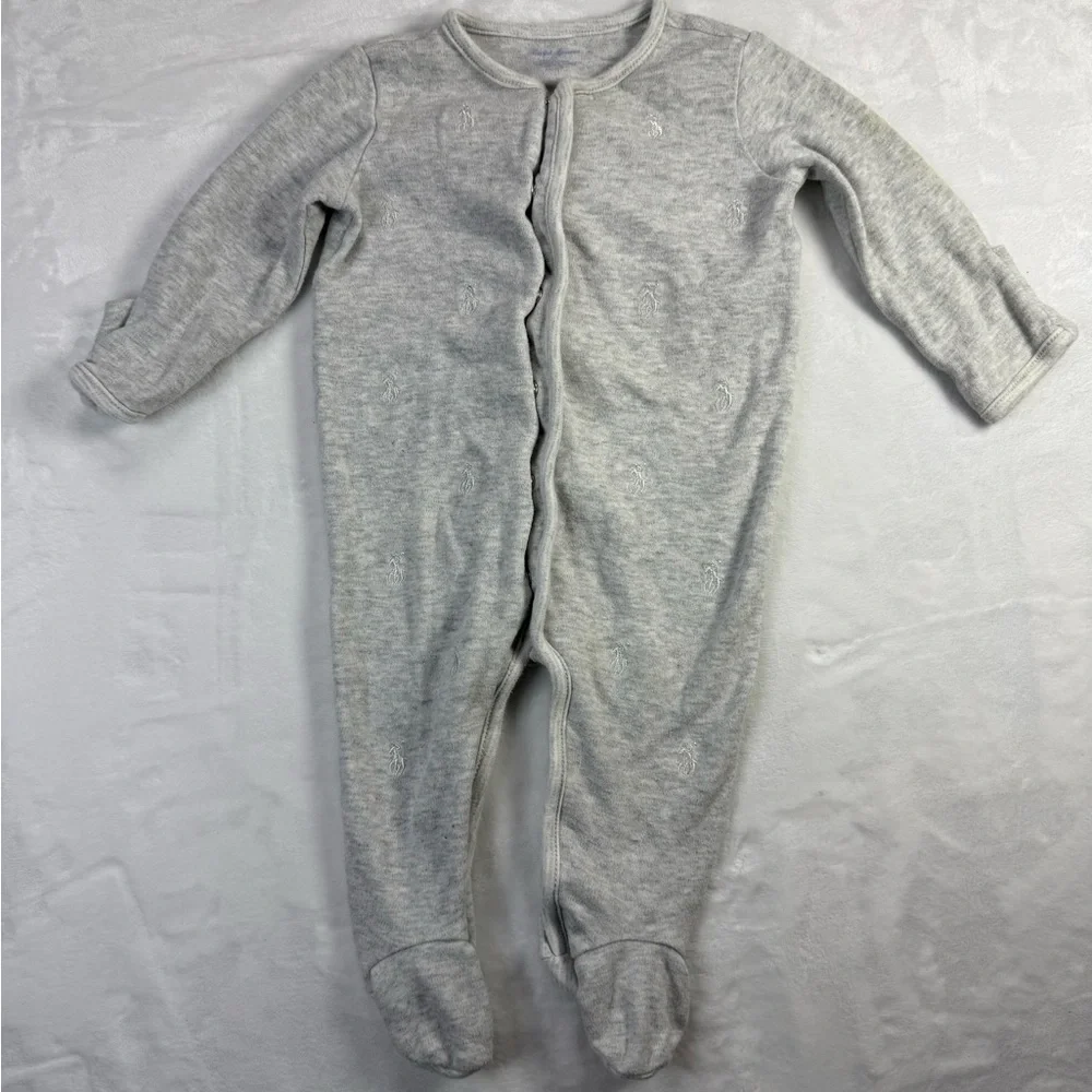 Ralph Lauren Gray Footed One Piece with Embroidered Polo Logos- sz 6M Neutral‎